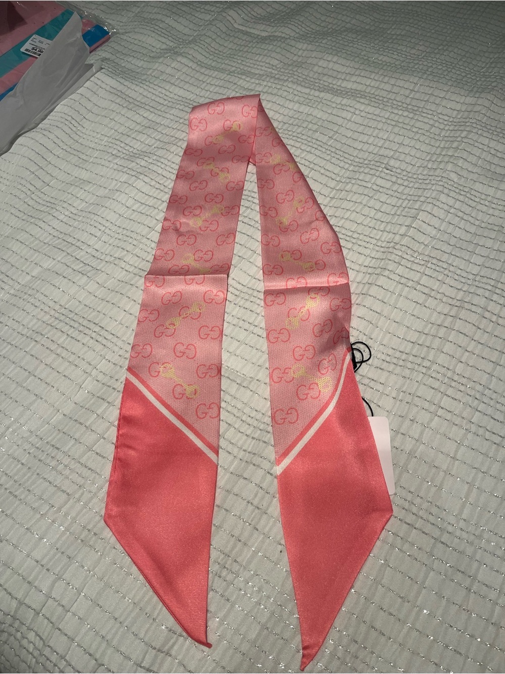 Gucci Pink & Gold GG Silk Twilly Scarf